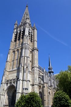 Looking up at the impressive St. Martin's Cathedral in Ypres, Belgium.