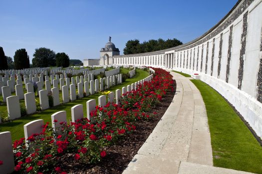 Tyne Cot Cemetery in Ypres, Belgium.  Tyne Cot Commonwealth War Graves Cemetery and Memorial to the Missing is a Commonwealth War Graves Commission (CWGC) burial ground for the dead of the First World War in the Ypres Salient on the Western Front. 