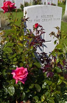 A gravestone of a soldier of the Great War in Tyne Cot Cemetery, Ypres.