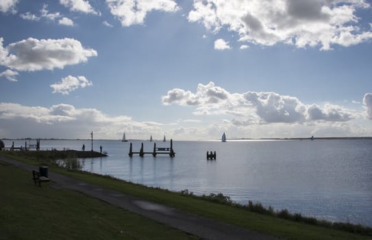 sailing boats on the lake called haringvliet  in Holland