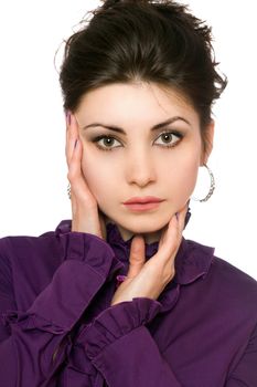 Portrait of pretty young woman in a purple jacket