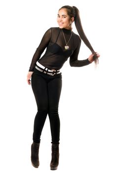 Beautiful young brunette in a black pants