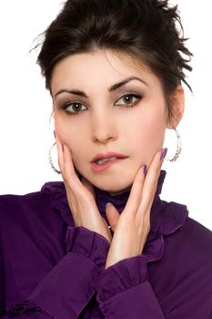 Closeup portrait of sexy young woman in a purple jacket