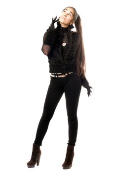 Pretty young brunette in gloves with claws. Isolated