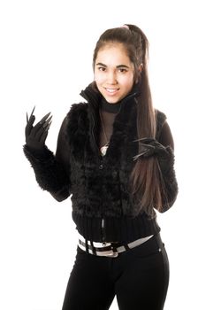 Portrait of happy young brunette in gloves with claws