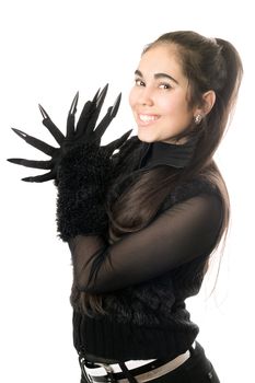 Portrait of cheerful young woman in gloves with claws