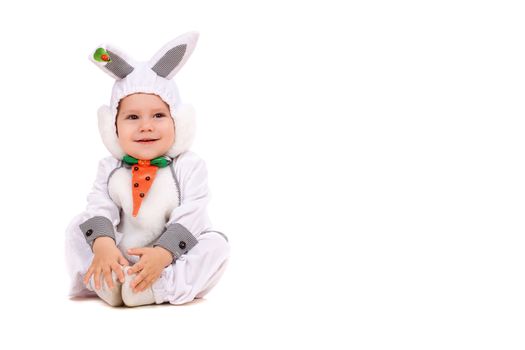 Little boy dressed as bunny. Isolated on white