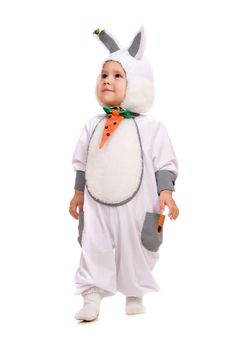 Little boy dressed as bunny. Isolated on white background