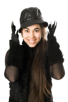 Portrait of cheerful girl in gloves with claws. Isolated on white