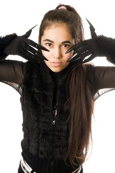 Portrait of pretty young woman in gloves with claws