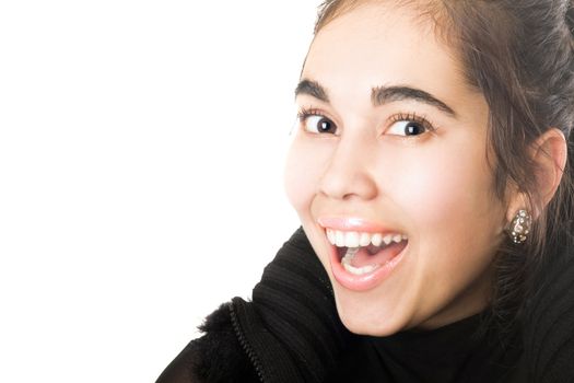 Portrait of smiling young brunette. Isolated on white