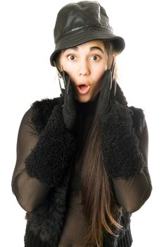 Portrait of surprised girl in gloves with claws. Isolated