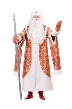 Russian Christmas character Ded Moroz (Father Frost) with the stick in his hands. Isolated