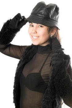 Portrait of smiling girl in gloves with claws. Isolated on white