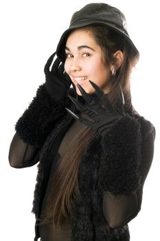 Smiling girl in gloves with claws. Isolated on white
