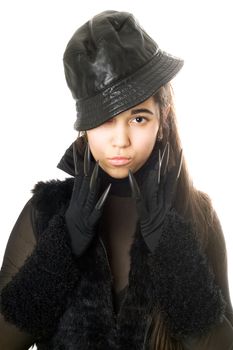 Portrait of attractive young brunette in gloves with claws. Isolated