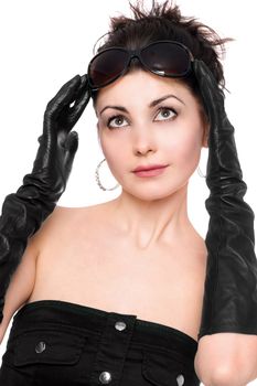 Portrait of lovely young woman in a black dress. Isolated