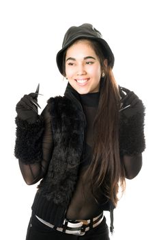 Joyful girl in gloves with claws. Isolated on white