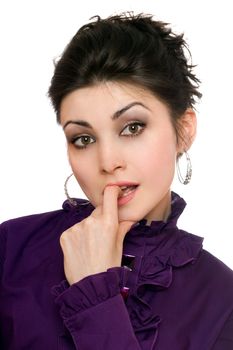 Closeup portrait of playful young woman in a purple jacket
