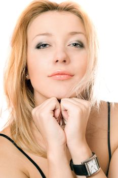 Closeup portrait of a pretty young blonde. Isolated