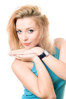 Portrait of a playful pretty blonde. Isolated on white