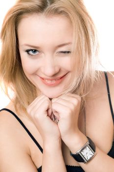 Closeup portrait of a cheerful young blonde. Isolated