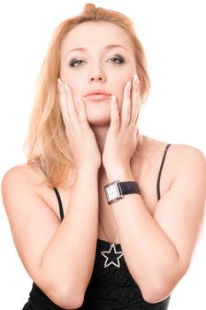 Portrait of young blonde in a black t-shirt