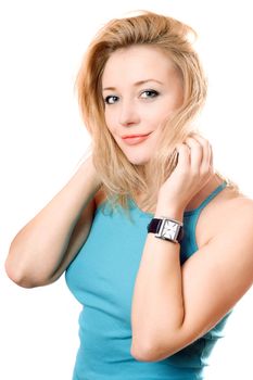 Portrait of a smiling pretty blonde. Isolated on white