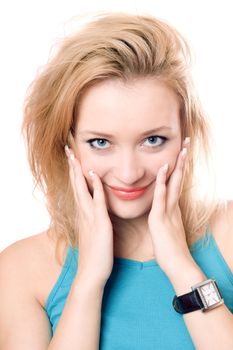 Closeup portrait of a smiling attractive blonde. Isolated on white