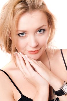 Portrait of a pretty young blonde. Isolated on white