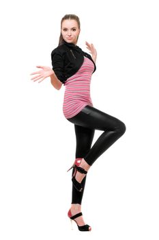 Playful young woman in black leggings. Isolated