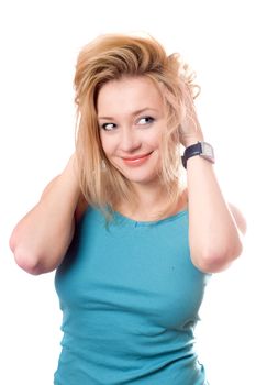 Portrait of a smiling pretty blonde. Isolated on white