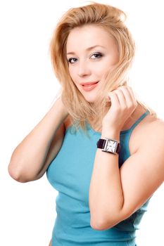 Portrait of a playful pretty blonde. Isolated on white