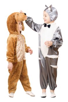 Boys dressed as a cat and dog. Isolated