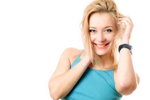 Portrait of a cheerful attractive blonde. Isolated on white