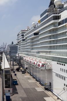 Large cruise ships anchored in port at Barcelona, Spain