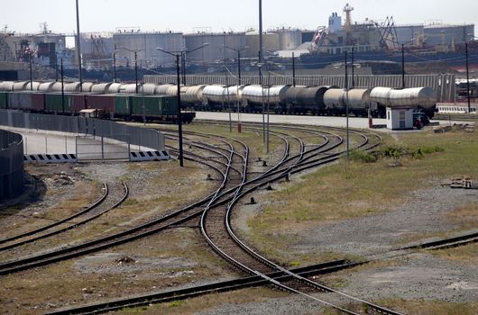 Industrial port with freight trains