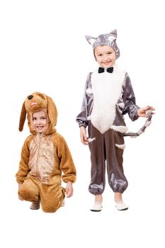 Playful boys dressed as a cat and dog. Isolated