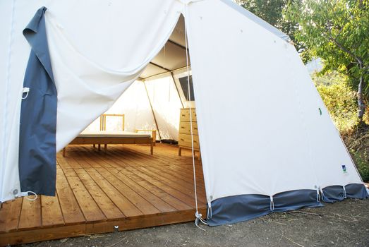 Large camping tent open. visibilie the interior