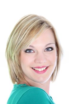 The face of a beautiful smiling happy woman with blonde hair and blue eyes The face of a beautiful smiling happy woman with blonde hair and blue eyes