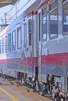 Close up of a train inside a railway station