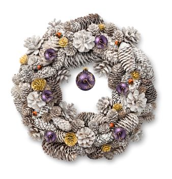 White Christmas door wreath with gold and purple decoration