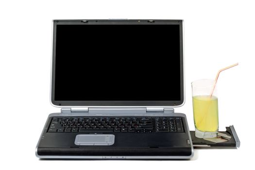 Laptop and cocktail. Isolated on white background