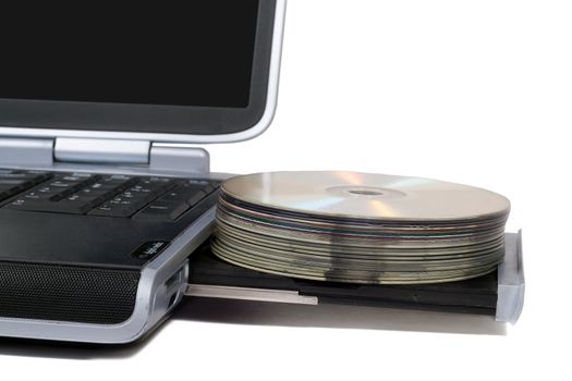 Laptop with overloaded DVD Drive. Isolated on white background