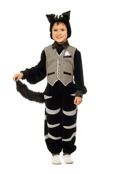 Playful boy in costume cat. Isolated on white