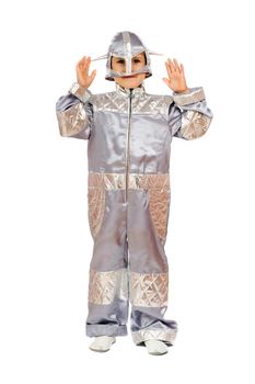Boy in astronaut costume. Isolated on white