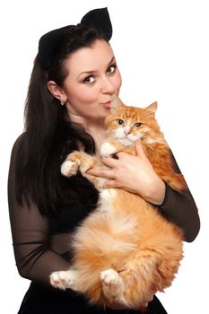 Portrait of young woman with a red cat. Isolated