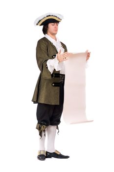 Young man in a historical costume read the decree