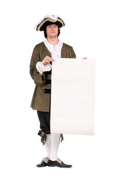 Man in a historical costume with the decree. Isolated on white
