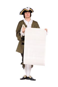 Man in a historical costume with the blank paper in hands